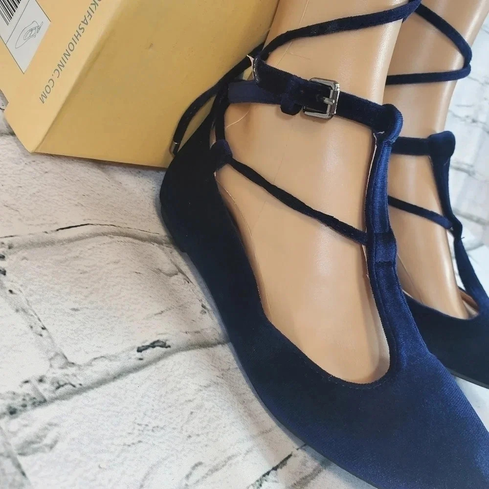 YOKI URBAN 80 Navy Blue Velour Gladiator Laces Flats NWT - Picture 4 of 12
